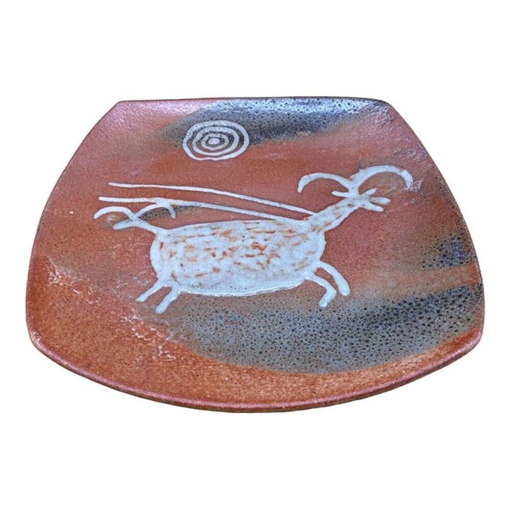 Studio Pottery Artist Native Signed Cave Painting Antelope & Sun 11” X 11” BC